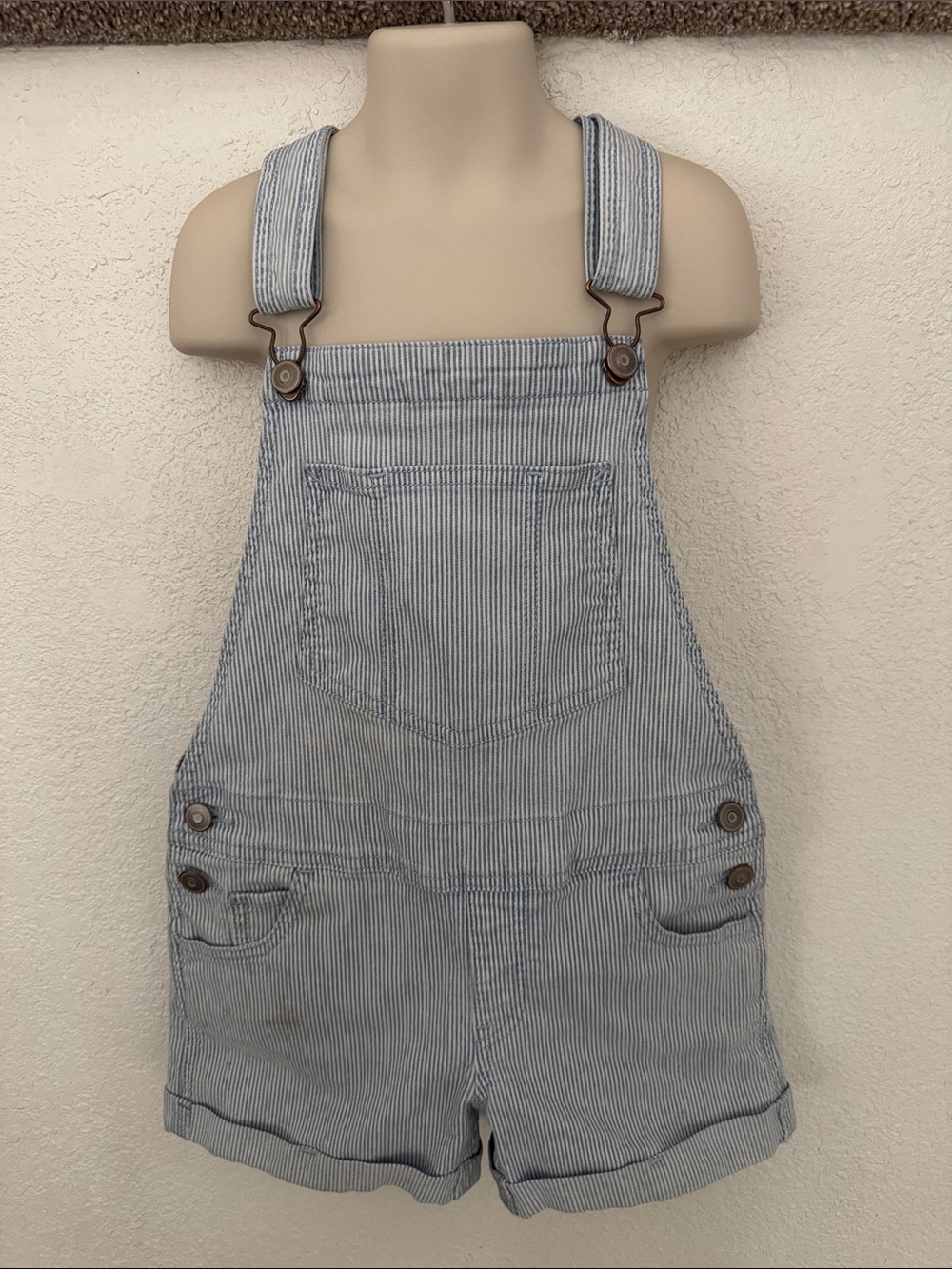 WONDER NATION Girls Striped Light Blue Denim Short Overalls Size 7-8 EUC